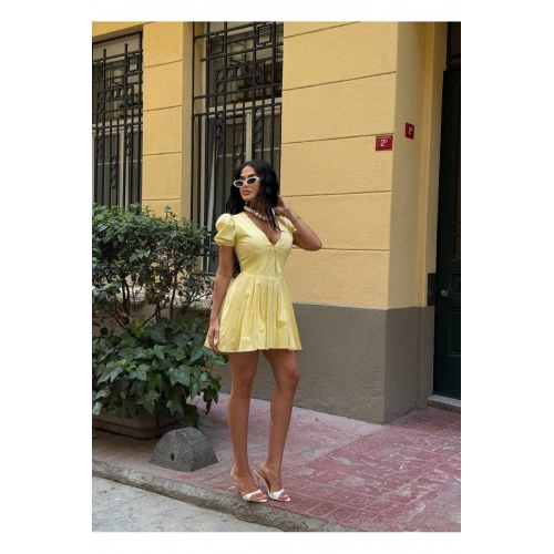 Pile Etekli Puff Kol Mini Elbise