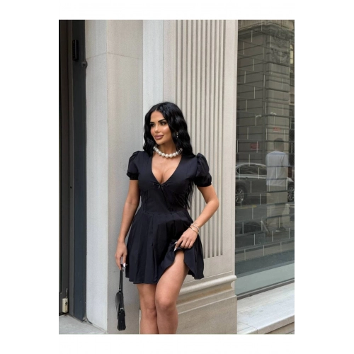 Pile Etekli Puff Kol Mini Elbise