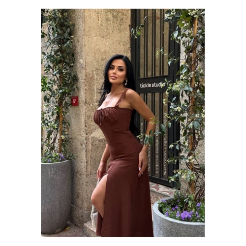 Askılı Uzun Drapeli Elbise