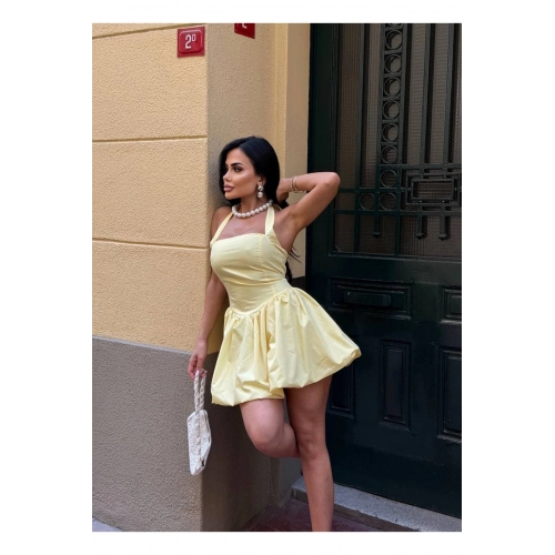 Boyundan Bağlamalı Kare Yaka Balon Astarlı Mini Sarı Elbise