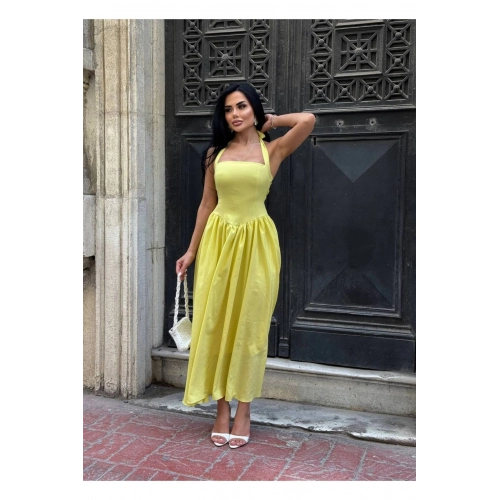 Askılı Kare Yaka Kloş Elbise