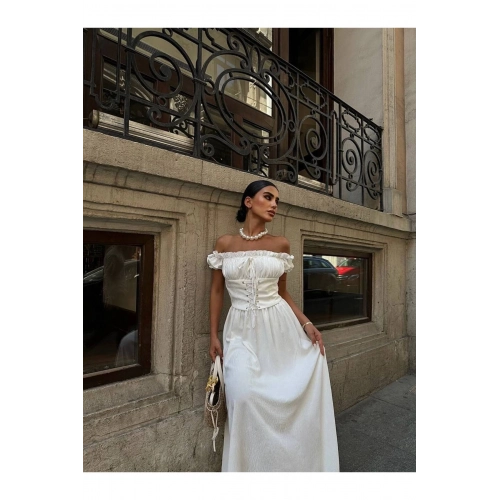 Kuşgözlü Maxi Boy Astarlı Gipeli Beyaz Elbise