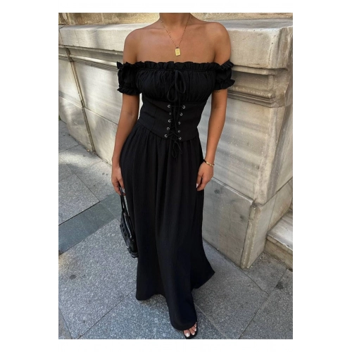 Kuşgözlü Maxi Boy Astarlı Gipeli Siyah Elbise