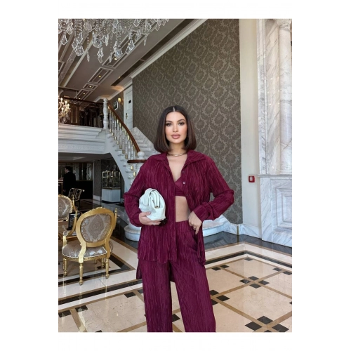 Piliseli Üçlü Bordo Takım Crop Gömlek Pantalon