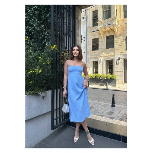 Kare Yaka Müslin Keten Askılı Uzun Plaj Mavi Elbise