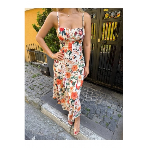 Çiçek Desenli Askılı Sırtı Gipeli Bağcıklı Fermuar Detaylı Elbise