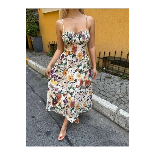 Çiçek Desenli Askılı Sırtı Gipeli Bağcıklı Fermuar Detaylı Elbise