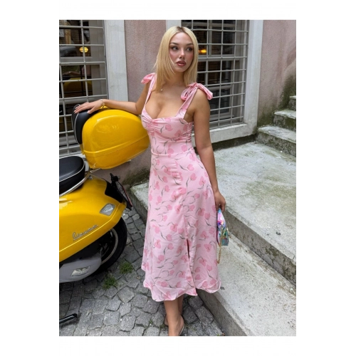 Çiçek Desenli Astarlı Omuz Bağlamalı Pembe Büzgü Detaylı Elbise