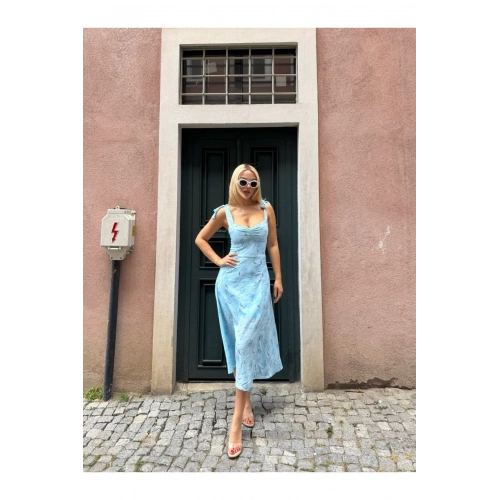 Çiçek Desenli Astarlı Omuz Bağlamalı Mavi Büzgü Detaylı Elbise