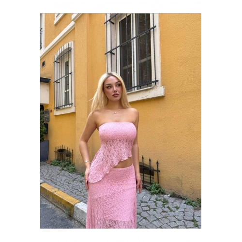 Asimetrik Astarlı Dantel Pembe Etekli Takım