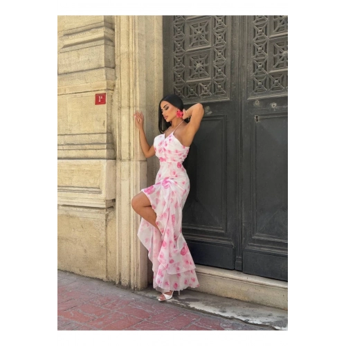 Şifon Çiçek Desenli Premium Pembe Fırfırlı Elbise