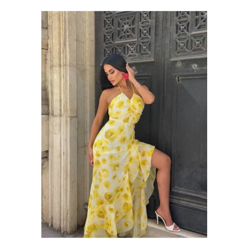 Şifon Çiçek Desenli Sarı Premium Fırfırlı Elbise