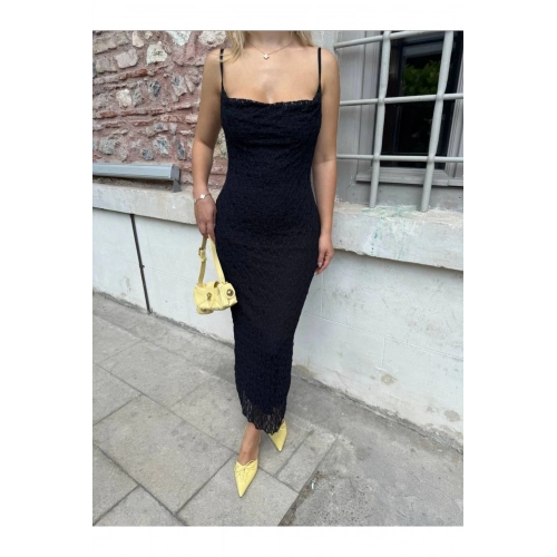 Askılı Dantelli Uzun Siyah Astarlı Elbise