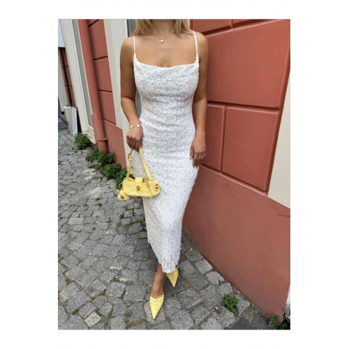 Askılı Dantelli Uzun Beyaz Astarlı Elbise