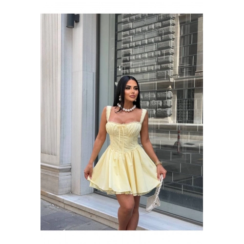 Korse Görünümlü Dantel Detaylı Sarı Astarlı Askılı Mini Elbise