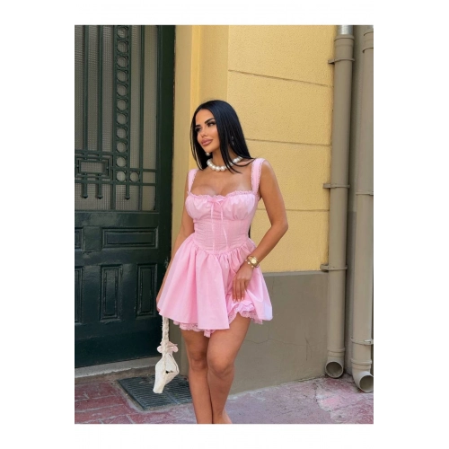 Korse Görünümlü Dantel Detaylı Pembe Astarlı Askılı Mini Elbise