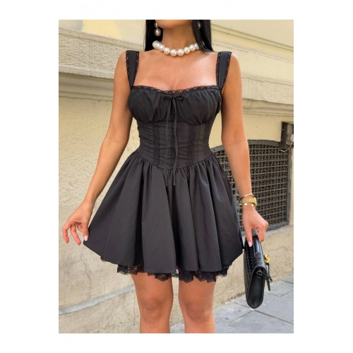 Korse Görünümlü Dantel Detaylı Siyah Astarlı Askılı Mini Elbise