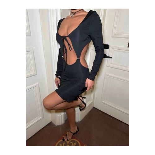 Siyah Yırtmaçlı Cut-Out Mini Elbise –Uzun Kollu Bağlamalı Derin Dekolteli