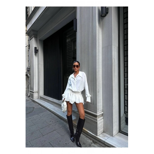 Kadın Beyaz Pileli Etekli İp Kemerli Gömlek Elbise