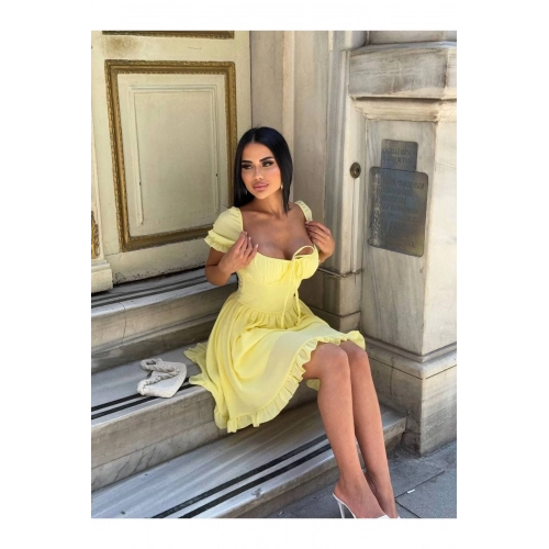 Kadın Sarı Kare Yaka Fırfır Detaylı Karpuz Kol Göğüs Bağlamalı Mini Elbise