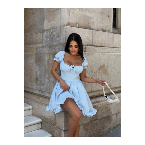 Kadın Bebe Mavisi Kare Yaka Fırfır Detaylı Karpuz Kol Göğüs Bağlamalı Mini Elbise