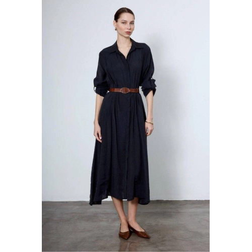 Kadın Siyah Tansel Kumaş Kemerli Düğmeli Uzun Kollu Salaş Midi Boy Gömlek Yaka Elbise