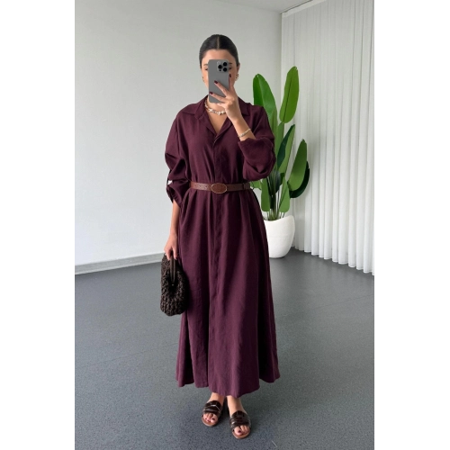 Kadın Premium Mürdüm Modal Kumaş Kemerli Düğmeli Uzun Kollu Salaş Midi Boy Gömlek Yaka Elbise