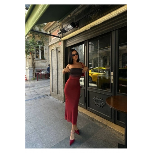 Kadın Renkli Straplez Vücuda Oturan Straplez Uzun Boy Tül Astarlı Elbise