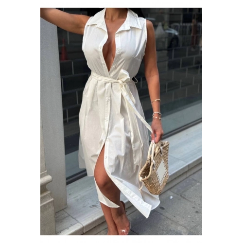 Kadın Midi Boy Kuşaklı Kolsuz Düğme Detaylı Gömlek Yaka Elbise