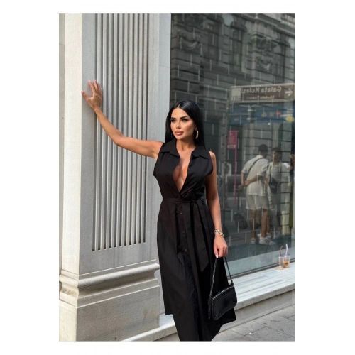 Kadın Siyah Midi Boy Kuşaklı Kolsuz Düğme Detaylı Gömlek Yaka Elbise