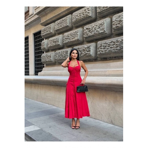 Düğmeli Halter Yaka Kadın Maxi Elbise