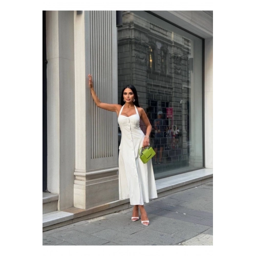 Düğmeli Halter Yaka Kadın Maxi Elbise