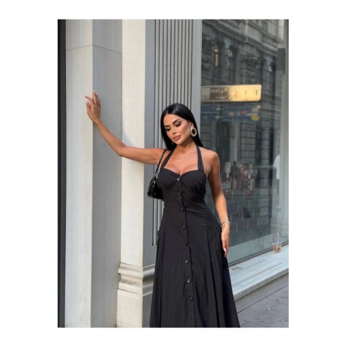 Düğmeli Halter Yaka Kadın Maxi Elbise