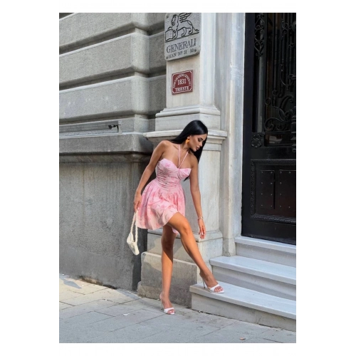 Kadın Çiçek Desenli Büstiyer Detaylı Halter Mini Elbise