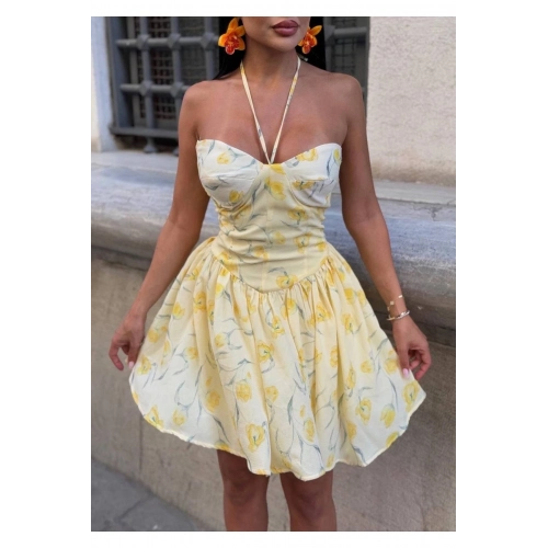 Kadın Çiçek Desenli Büstiyer Detaylı Halter Sarı Mini Elbise