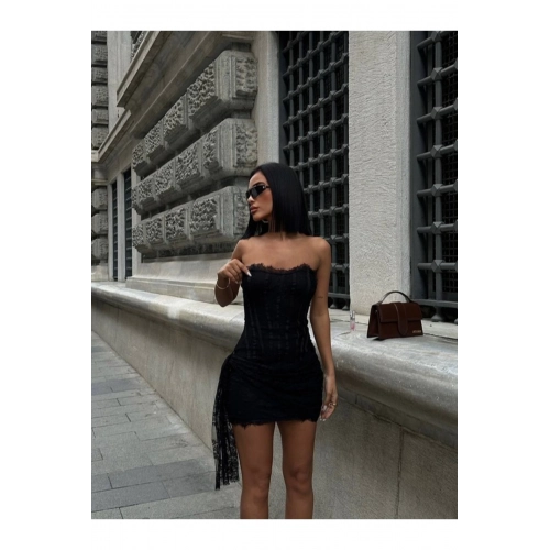 Kadın Kuşaklı Korse Detaylı Sırt Bağlamalı Straplez Yaka Siyah Mini Elbise