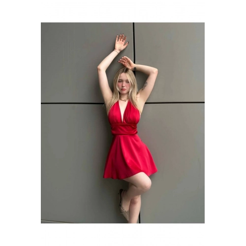 Kadın Saten Kuşak Detaylı Boyundan Bağlamalı Sırt Dekolteli Kırmızı Mini Elbise
