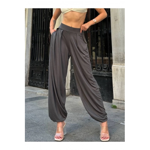 Kadın Beli Lastikli Pileli Modal Kumaş Paça Detaylı Ön Cepli Antrasit Balloon Şalvar Pantolon