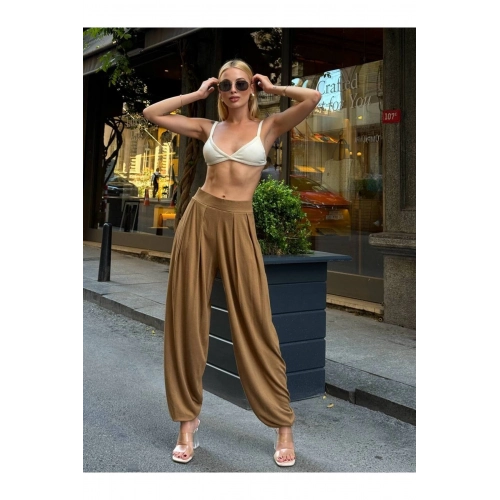 Kadın Beli Lastikli Pileli Modal Kumaş Paça Detaylı Ön Cepli Sütlü Kahve Balloon Şalvar Pantolon