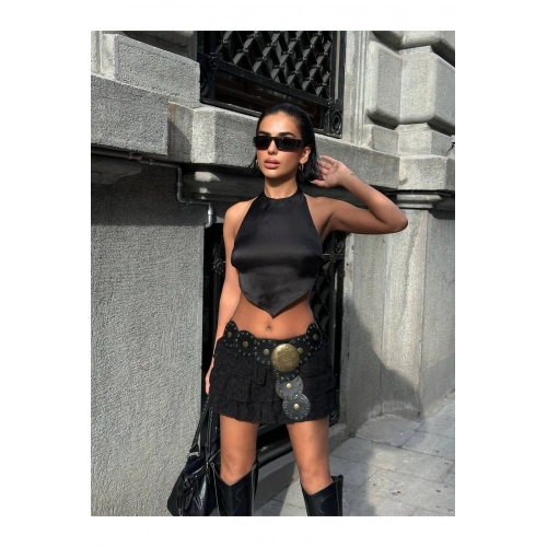 Kadın Dantel Kat Detaylı Mini Şortlu Siyah Etek