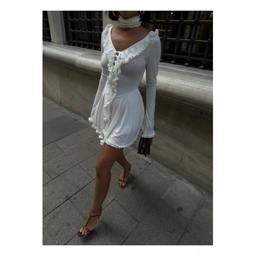 Kadın Fırfır Detaylı İspanyol Kol Göğüs Dekolteli Premium Mini Boy Beyaz Elbise