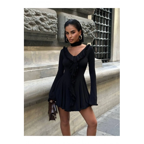 Kadın Fırfır Detaylı İspanyol Kol Göğüs Dekolteli Premium Mini Boy Siyah Elbise
