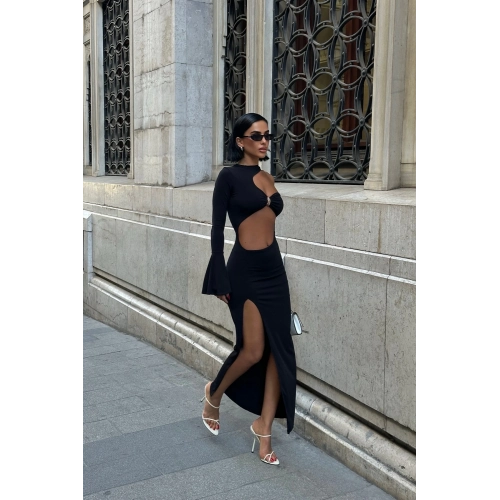 Kadın Tek Kol Cut Out Tokalı Yırtmaçlı Tek Kol Maxi Elbise – Siyah