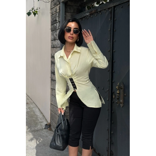 Kanca Kapamalı Sırt Bağlama Detaylı Sarı Tasarım Gömlek