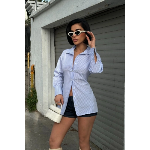 Sırt Bağlama Detaylı Çizgili Basic Mavi Gömlek