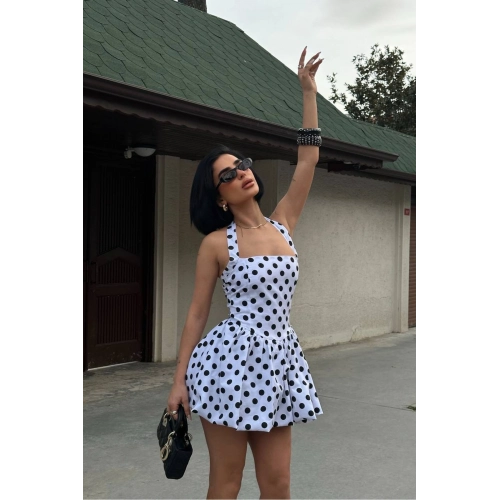 Kadın Boyundan Bağlamalı Kare Yaka Balon Astarlı Mini Beyaz Siyah Puantiyeli Elbise