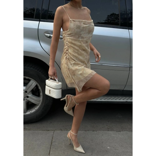 Kadın İnce Askılı Desenli Mini Boy Tasarım Bej Elbise