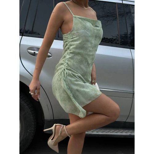 Kadın İnce Askılı Desenli Mini Boy Tasarım Yeşil Elbise