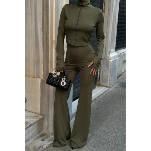 Agraflı Likralı Wide Leg Haki Alt-Üst Takım