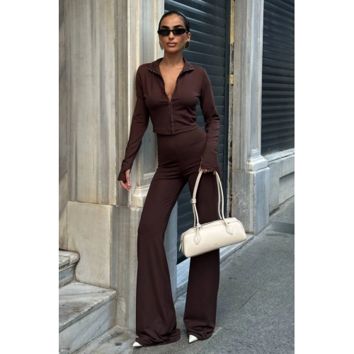 Agraflı Likralı Wide Leg Kahverengi Alt-Üst Takım